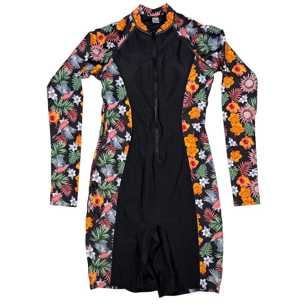 NWOT Black w/ Tropical Print Rash Guard One Piece Swimsuit Size Medium